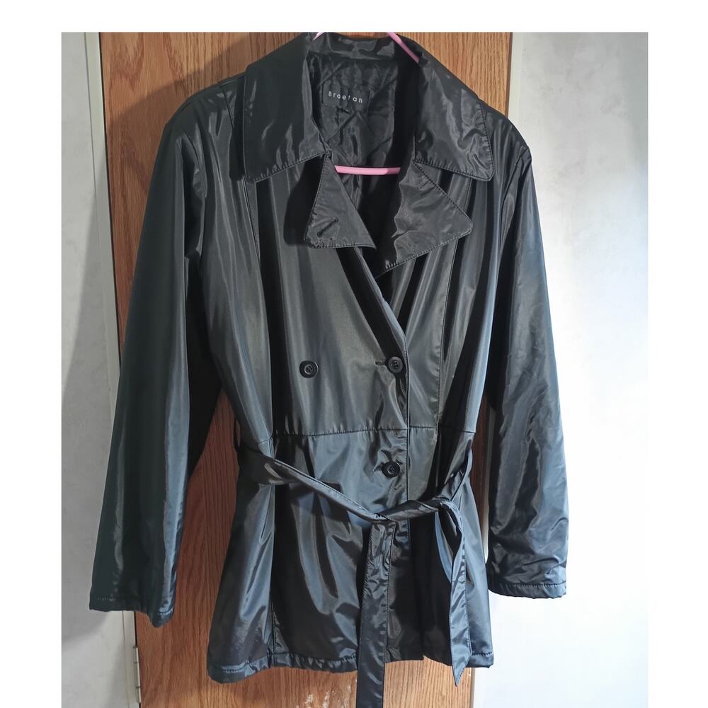 Black Patent Look Belted Raincoat M City Noir Trench Moto Minimalist Chic PVC